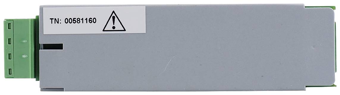 Grey rectangular electronic component with green connection and warning symbol. Serial number: TN: 00561160.