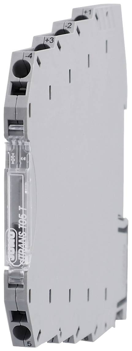 A grey, slim electronic module with numbering and a transparent connector element on the side.