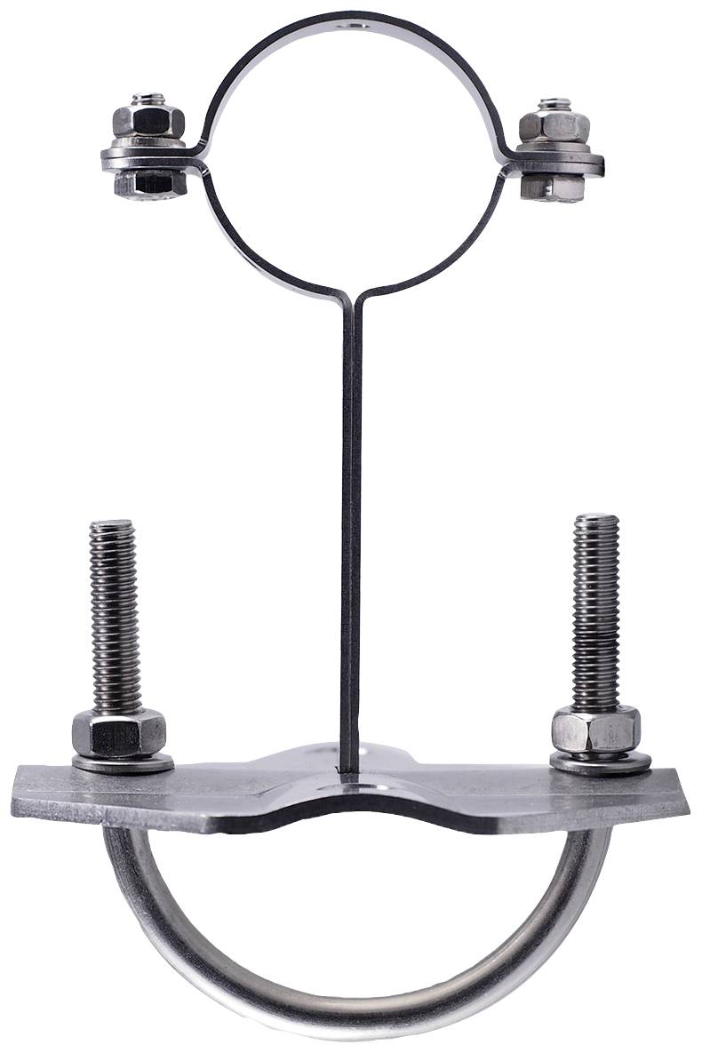 A metal pipe clip with screws and bolts for securing pipes or cables to walls or ceilings, against a white background.