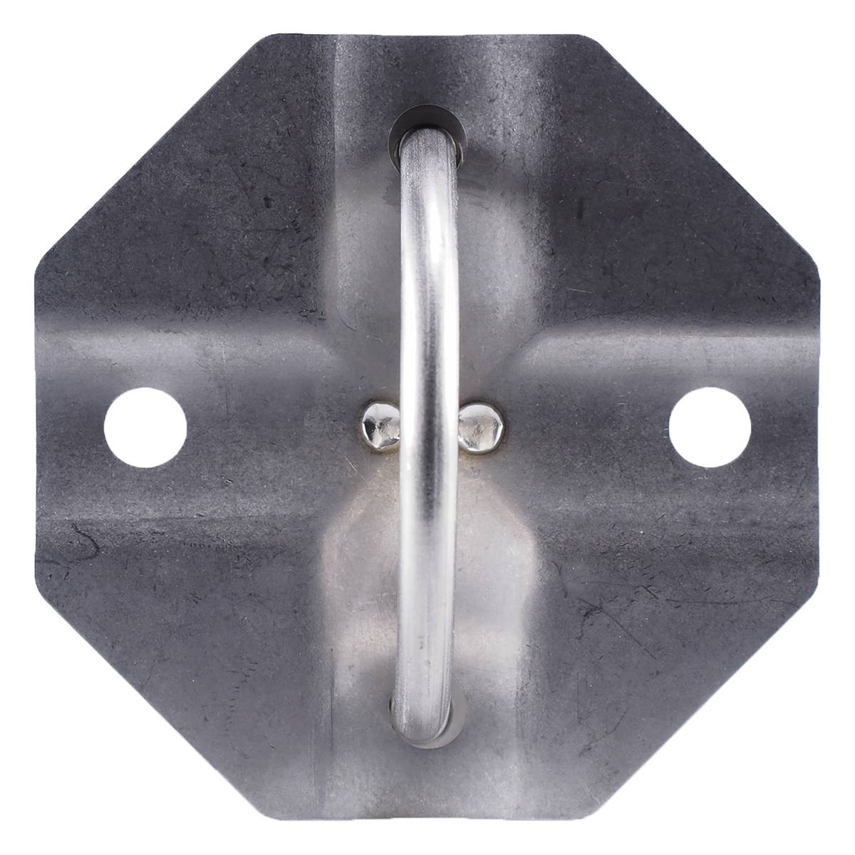 An octagonal metal sheet with two holes on the sides and a curved pipe in the middle. Often used for wall mounting.