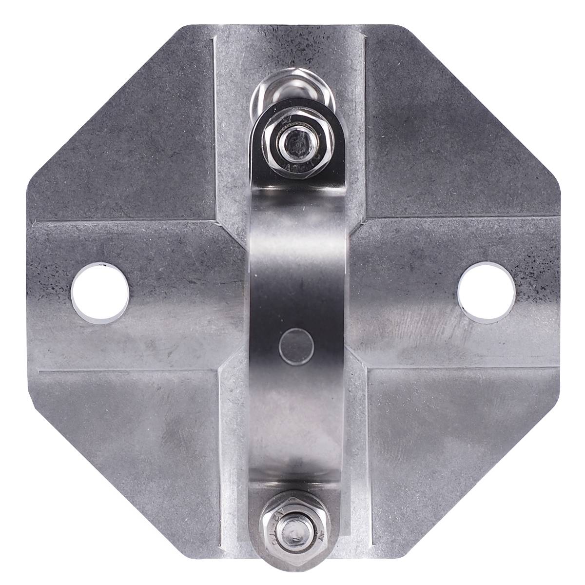Metal bracket with two holes on the sides and a central connecting screw, used for fastening or joining components.