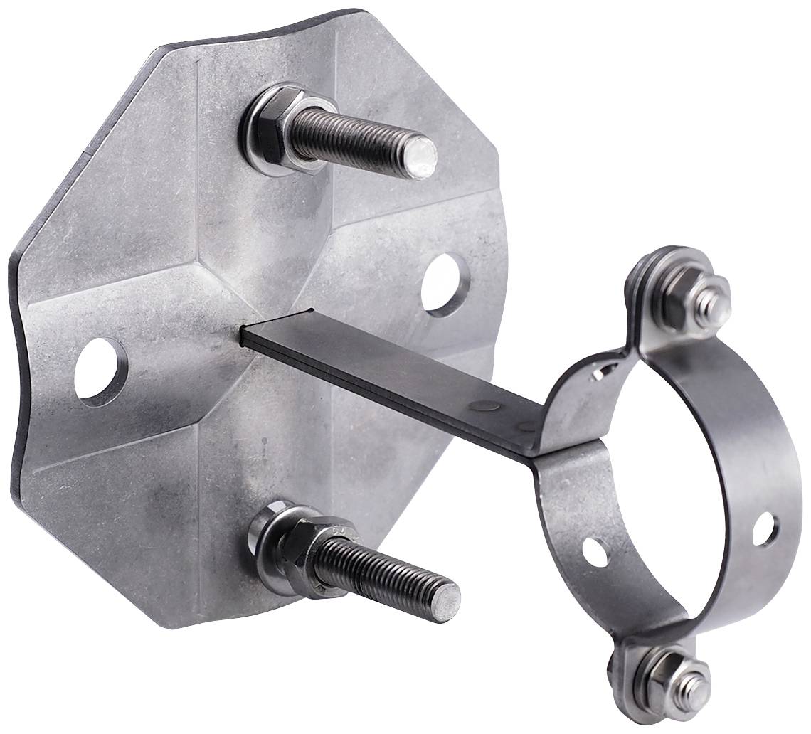 Metal mounting bracket with a hexagonal base, three fixing screws and a pipe clamp clip. Suitable for attaching to walls.