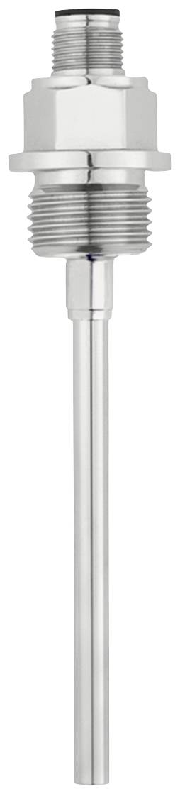 Metallic temperature sensor with long probe and threaded connection, suitable for industrial applications.