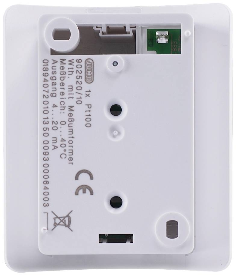 Rear view of an electronic device with technical specifications and connection options. Includes CE marking.
