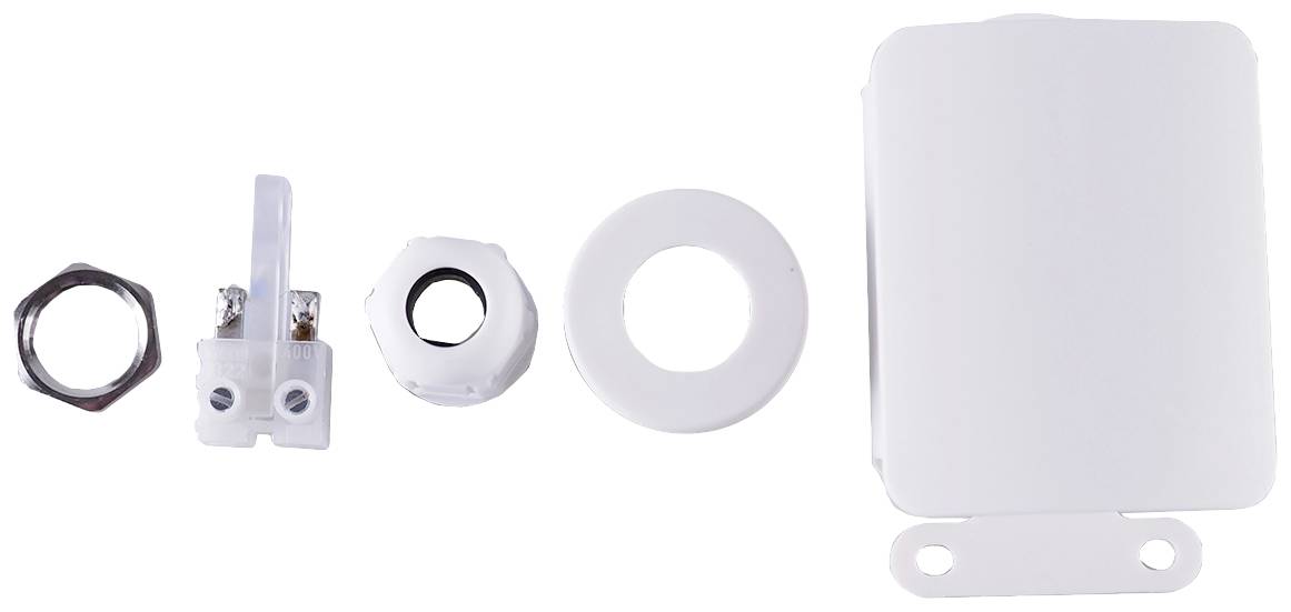 Parts of a white toilet flush mechanism: nut, lever, seals, and housing.