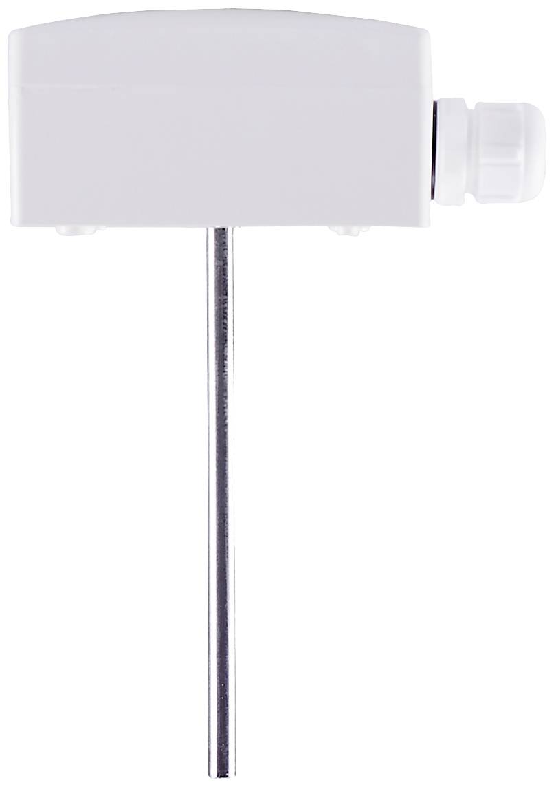 A white temperature sensor with a long metal probe pointing downwards. The housing has a rectangular shape with smooth edges.