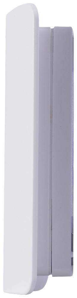 A white, vertically positioned plastic handle with a linear design.