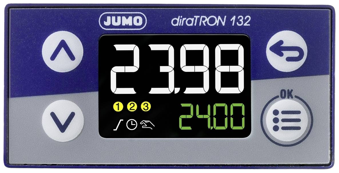 Digital display of a JUMO diraTRON 132 with large digits '23.98' and setpoint '24.00'. Buttons for control and settings visible.