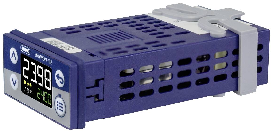 A digital measuring instrument shows a reading of 23.98. It has a blue casing with a display and side ventilation openings.