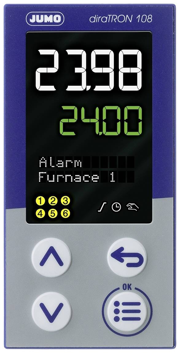 Digital control panel with temperature display showing '23.98' and '24.00'. Buttons and symbols underneath. 'diraTRON 108' at the top.