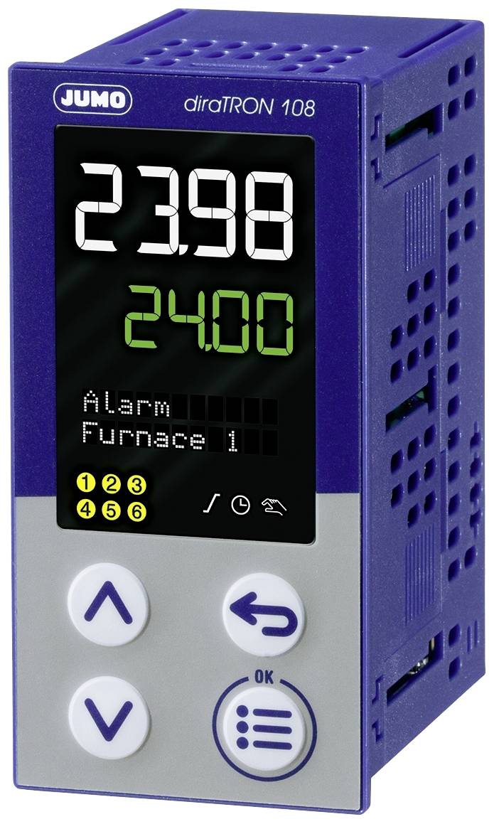 A digital temperature control device with LED display shows '23.98' and setpoint '24.00'. Buttons below for operation.<br><br>Note: In British English, temperatures would typically use a decimal point rather than a comma for decimal values.