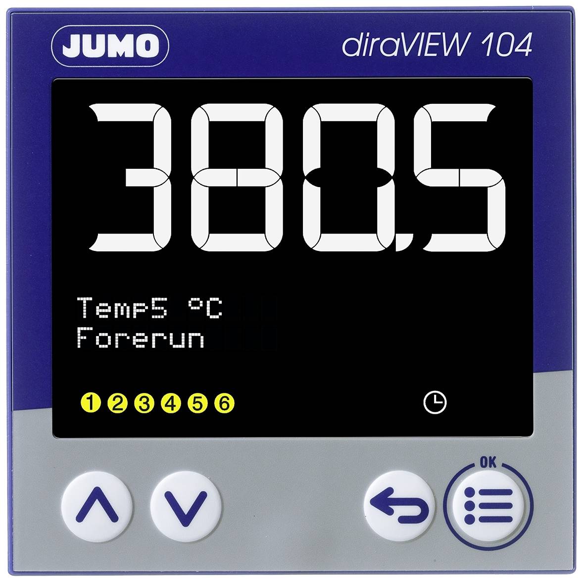 A digital display showing the number '380.5', 'Temp 5 °C' and 'Forerun'. Underneath are buttons with arrow symbols and 'OK'.