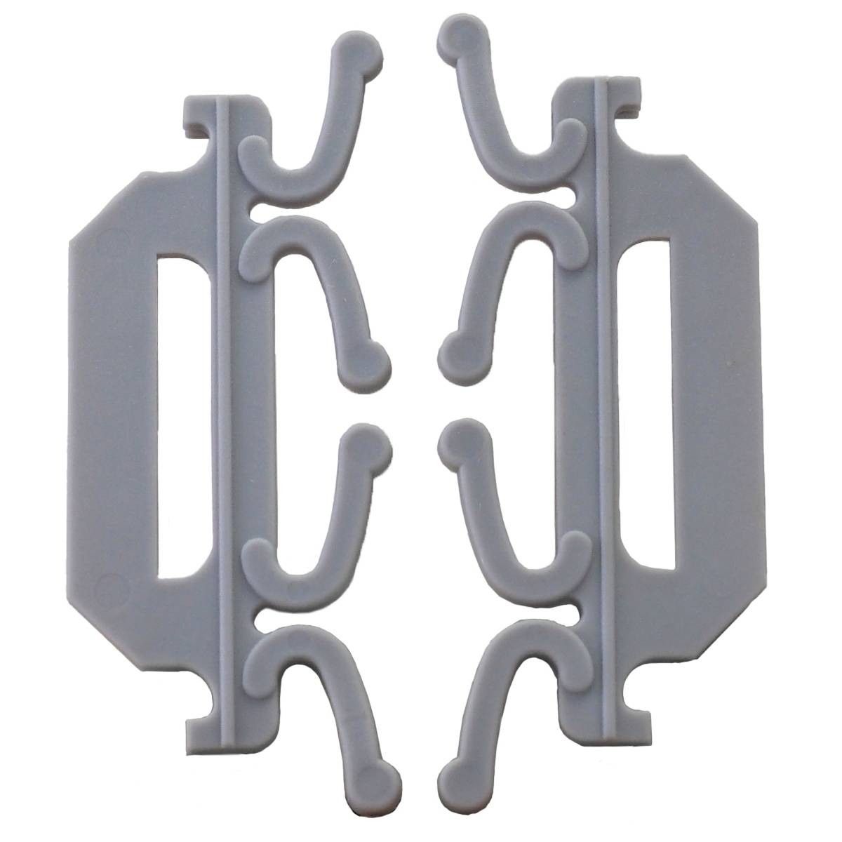 Grey plastic hooks in symmetrical arrangement, possibly a component or accessory part.