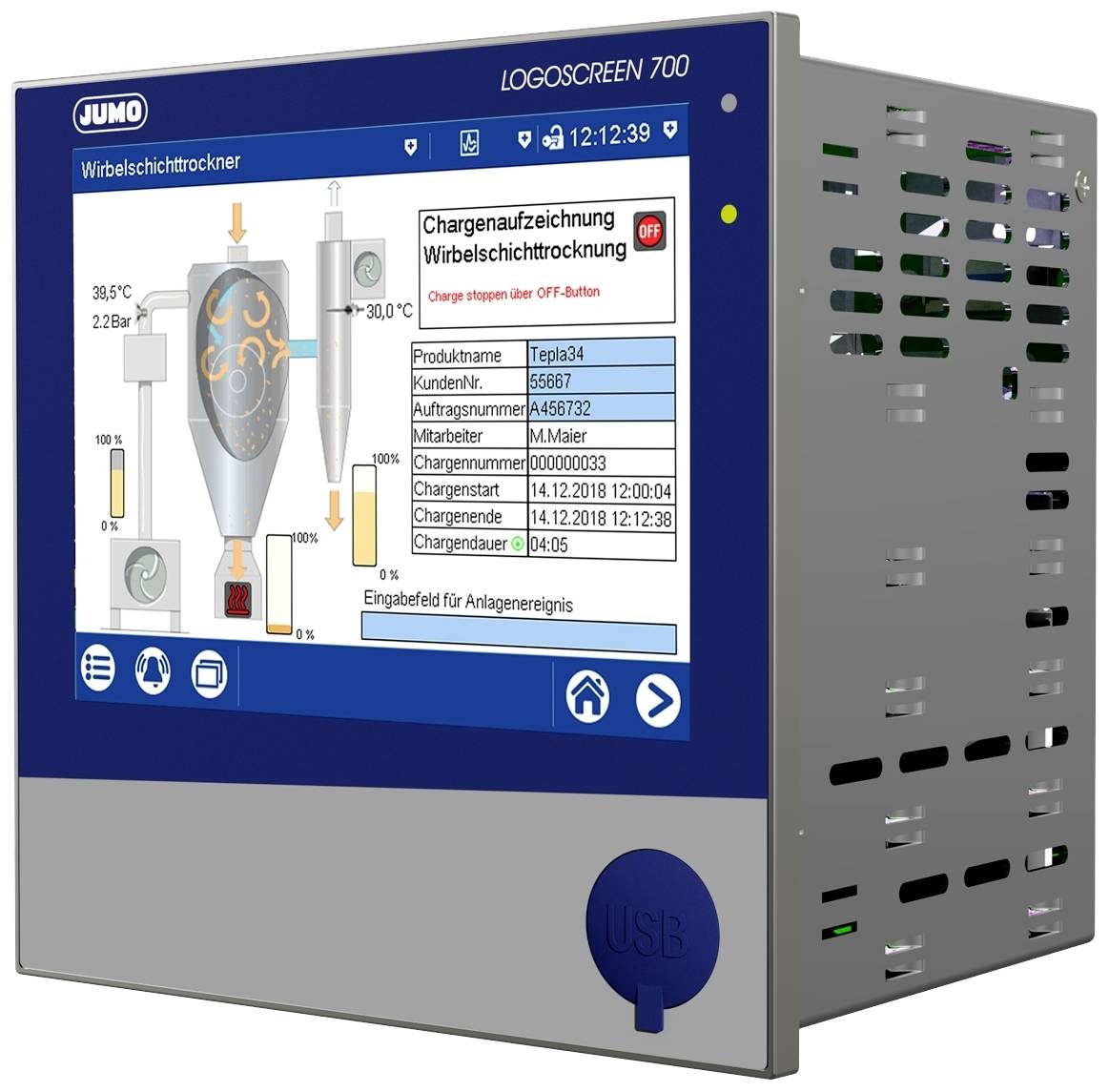 The image depicts an electronic device displaying a diagram and technical data for a fluidised bed dryer, including temperature, material flow, and product information.