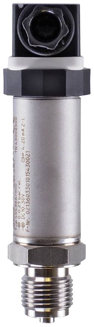 A metal pressure sensor with a cylindrical housing and a black connector.