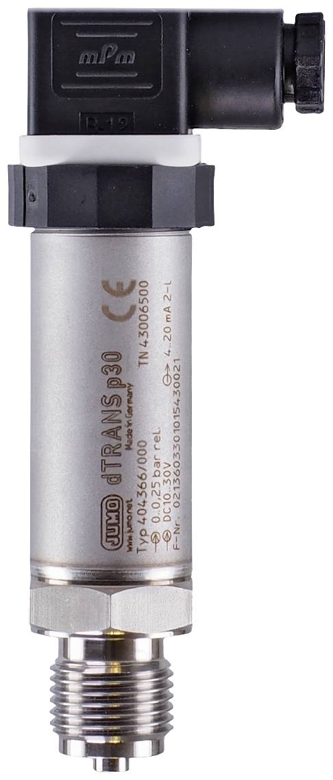 'Pressure sensor JUMO TARAS 30, cylindrical metal sleeve, electrical connection at the top, for pressure measurement in liquids and gases.'