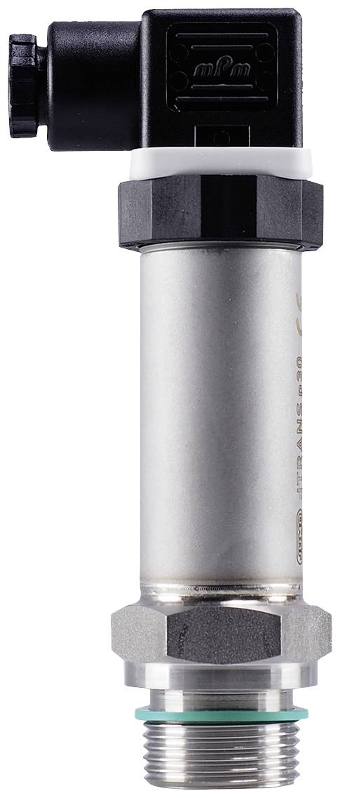 A pressure sensor with a cylindrical housing and threaded screw. At the top, there is a connector plug for electrical connection.