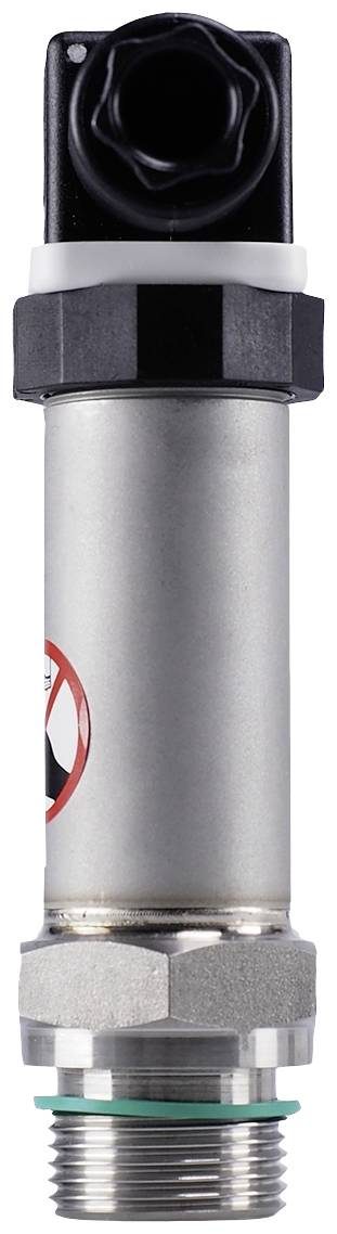 Cylindrical metal cylinder with a black plastic cap and screw connection. Contains warning symbol.