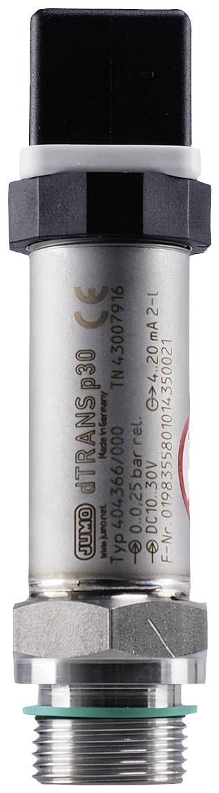 Pressure transmitter with black rectangular connection and stainless steel housing. Markings indicate specifications and model number.