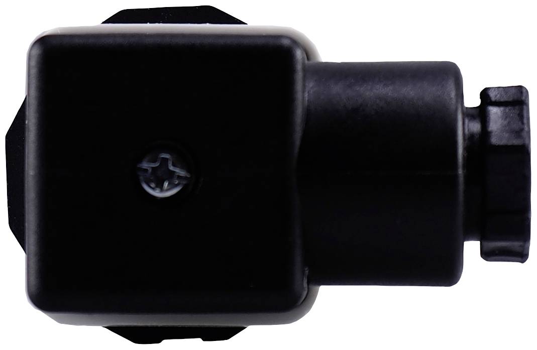 Black electrical component with screw, viewed from the side.