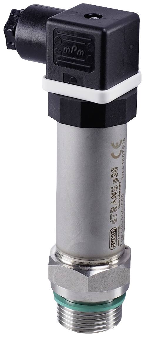 A silver pressure sensor with a black connection and CE marking.