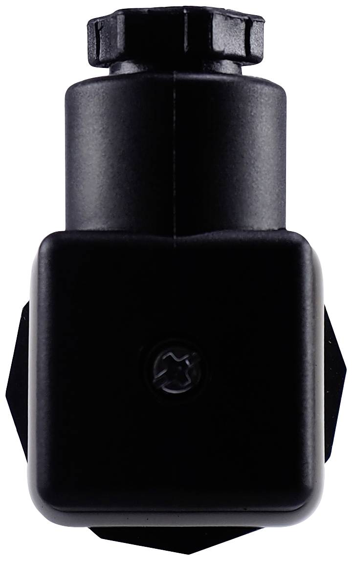 A black, rectangular device with a ridged cap on top and a distinctive screw symbol in the centre of the front panel.