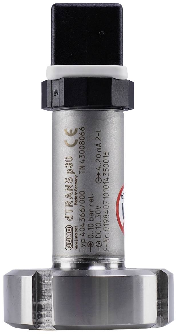 Pressure transmitter with metal housing, black connection and label 'dTRANS p30 CE'. Used for measuring pressure values.