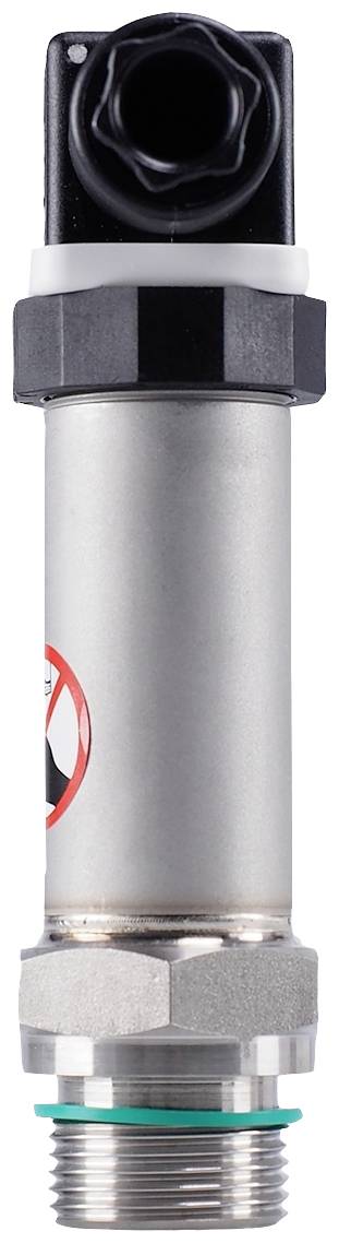 A metal pressure sensor with a black top surface and threaded connection, suitable for measuring liquids or gases.