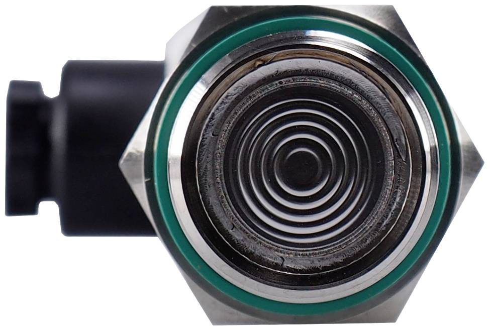 Sensor with a circular grooved pattern, surrounded by a hexagonal metal housing and a black connector on the left side.