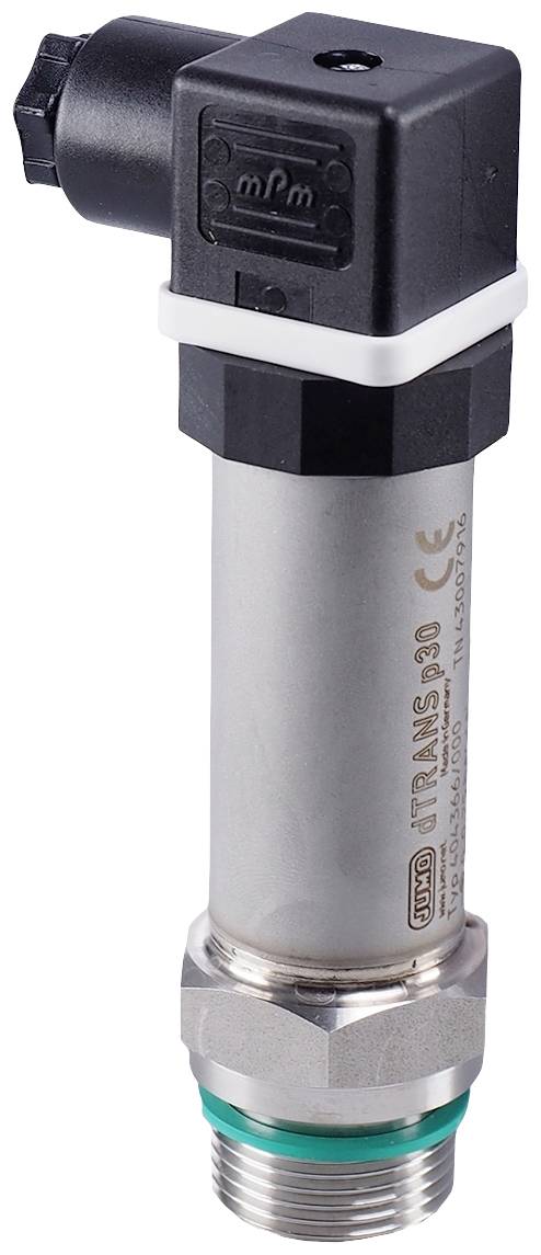 A cylindrical pressure sensor with black connection and metal housing. Markings indicate models and CE marking.