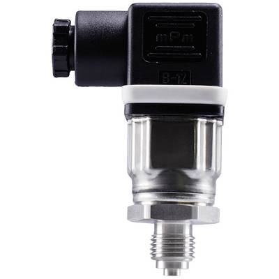 A pressure sensor with a black connector and transparent metal housing, integrated into technical systems to measure pressure.