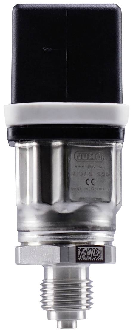 Pressure sensor with metal housing and black cap; suitable for industrial applications.