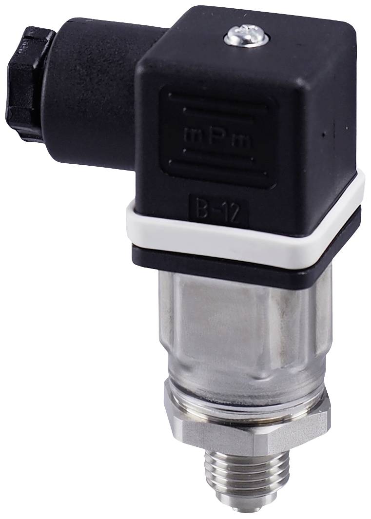 An industrial pressure sensor with a black plastic housing and metal connection, used for monitoring pressure levels in machinery.