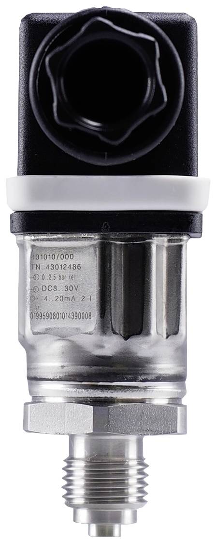 Pressure sensor with a black plastic housing and metal connection, used for monitoring pressure changes in systems.