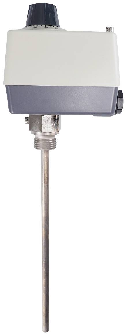 Industrial sensor with a long metal probe and rectangular housing. Used for temperature monitoring in industrial applications.