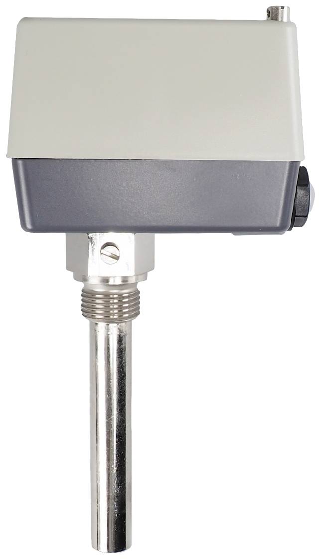A metallic sensor with a rectangular housing and threaded connection for mounting, commonly used for temperature or humidity measurement.