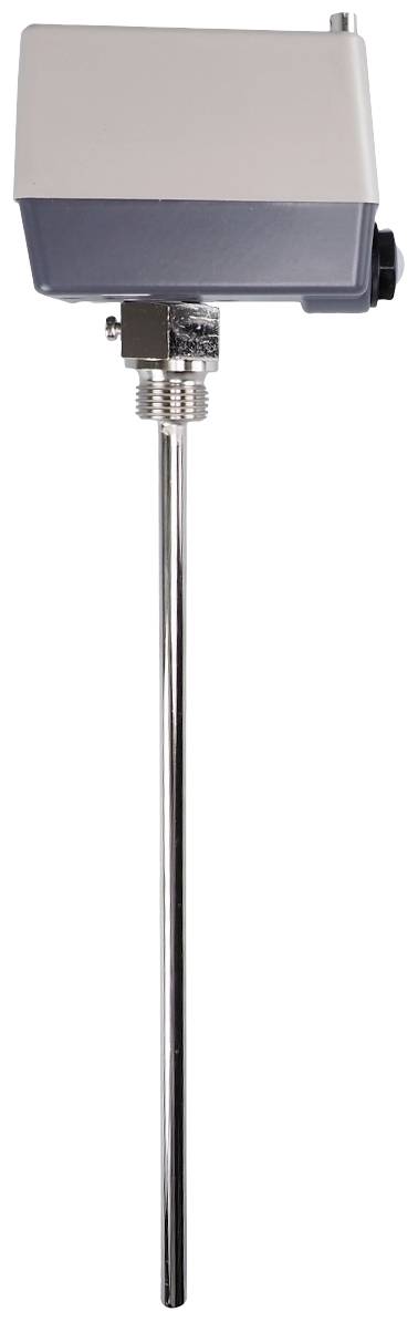Temperature sensor with a rectangular, grey housing and a metal rod protruding vertically.