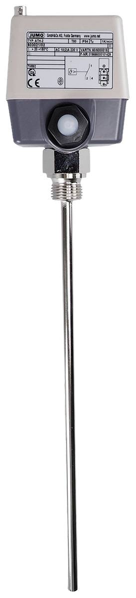 Temperature sensor with a long metal probe and technical label on the housing, suitable for industrial applications.