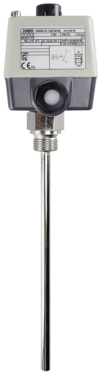 Industrial temperature sensor with insertion probe and housing. Technical specifications and CE marking are visible at the top.