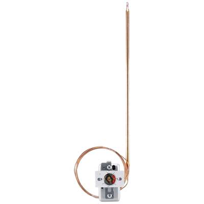 Thermostat with long copper pipe and rotary knob for temperature control, against a white background.