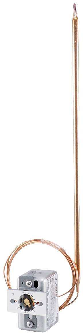 Copper thermostat with a long capillary probe and metal casing, commonly used for temperature control in household appliances.