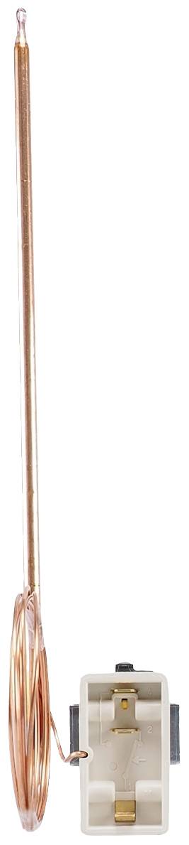 A thermostatic temperature sensor with a copper probe and housing underneath, suitable for temperature control in heating systems.