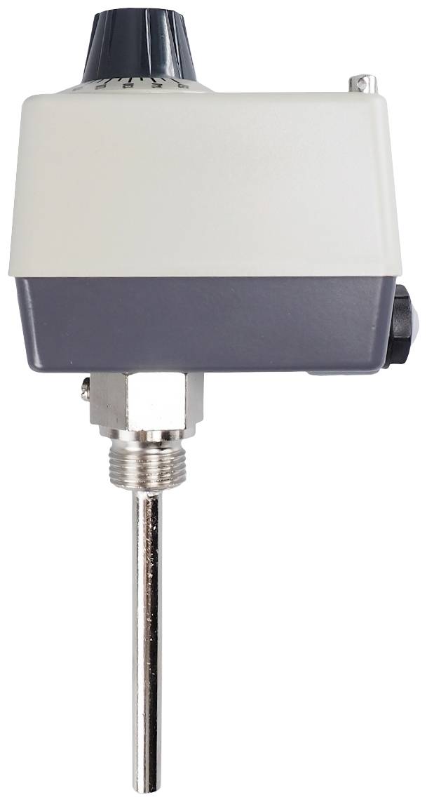 Industrial sensor with metal probe and rectangular plastic housing, suitable for temperature measurement.