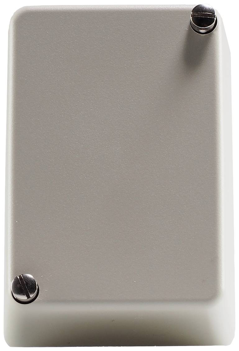 Grey, rectangular, metallic enclosure with rounded corners and two visible screws at the top edge.
