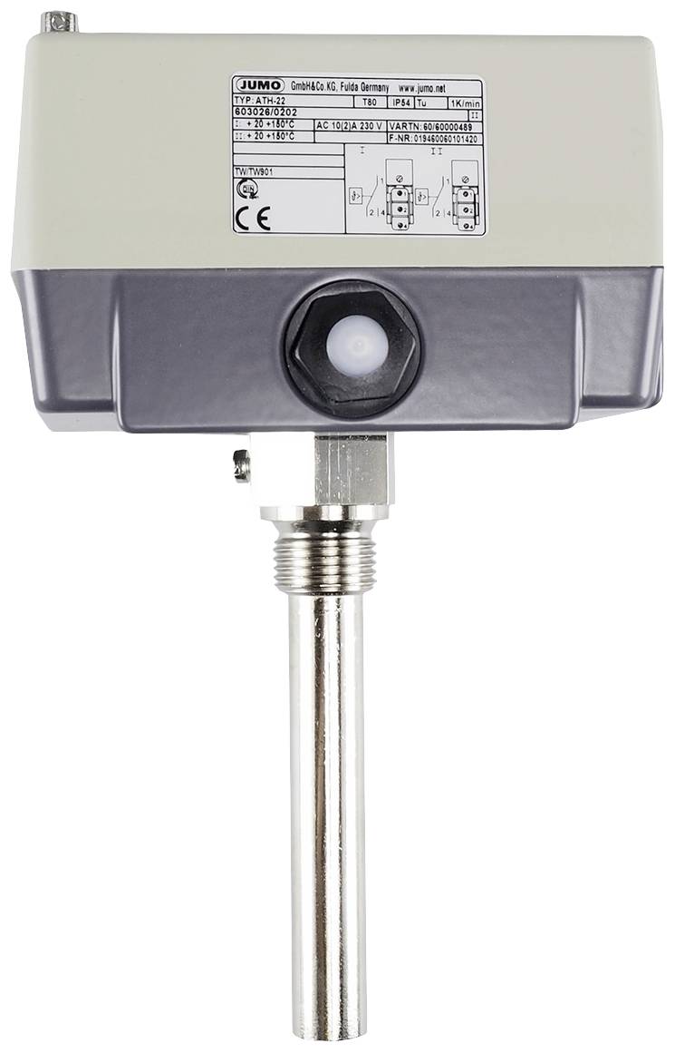 A temperature sensor with a rectangular housing, silver and grey colouration, mounted on a metallic probe.