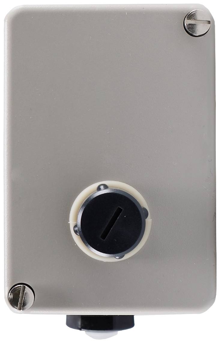 A grey metal box with a black rotary knob in the centre, two screws at the top and bottom.