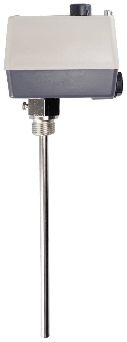 A temperature sensor with a metal rod and plastic casing. Used for measuring temperatures in heating or cooling systems.
