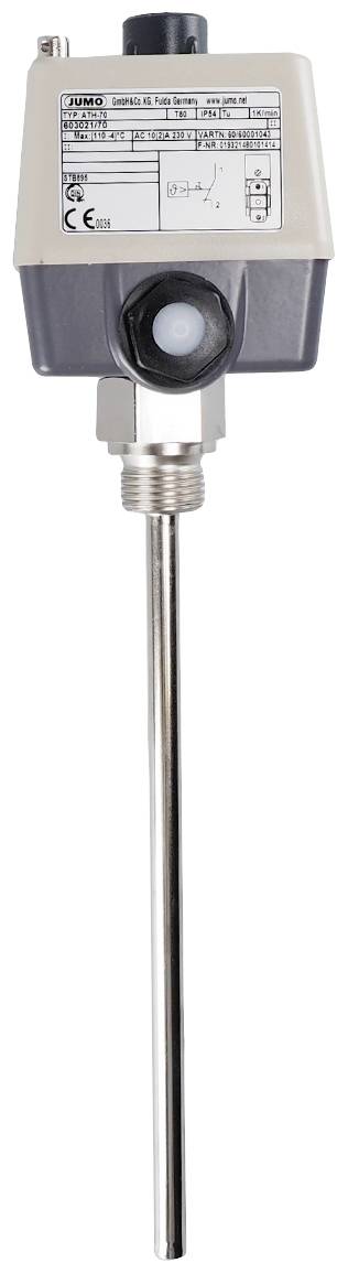 A temperature sensor with a long metal probe, attached to a rectangular housing with a switching module and stickers displaying technical details.