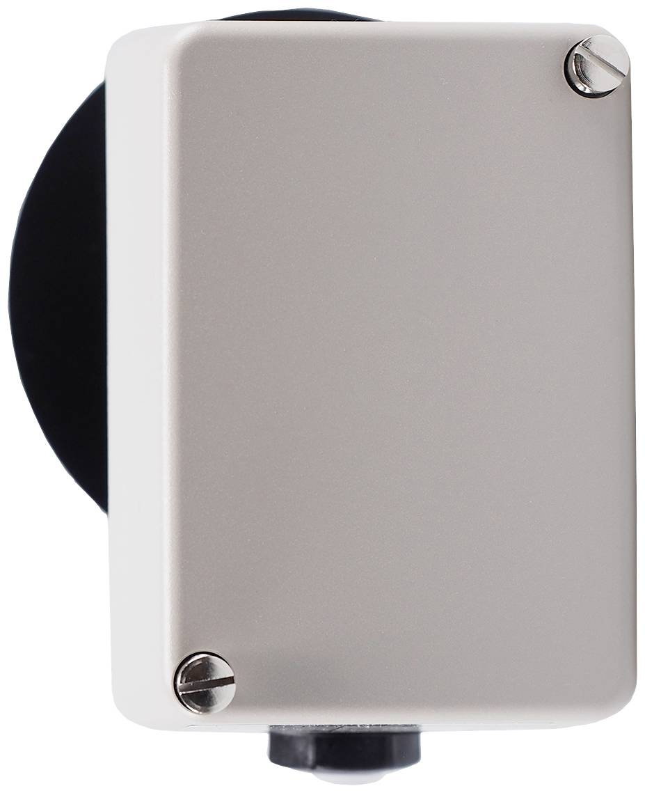 A rectangular, white metal enclosure with rounded corners and two screws at the upper corners.
