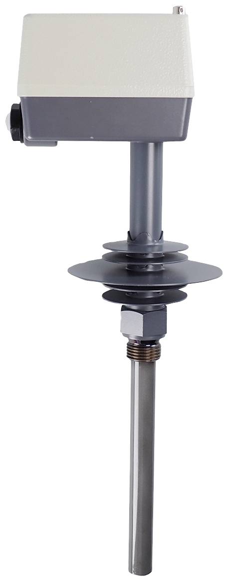 Industrial temperature sensor with protective sleeve and connection box, suitable for process monitoring. Manufactured from grey-silver metal.